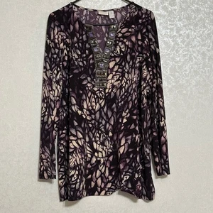 Chicos Embellished V-neck Long Sleeve Tunic Top Purple Beige Leaf Print Sz 3 XL - Picture 1 of 5
