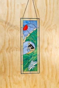 Surf s up! Surfer Big Wave Beach Stained Glass Window Home Warming Gift 36x12 - Picture 1 of 3