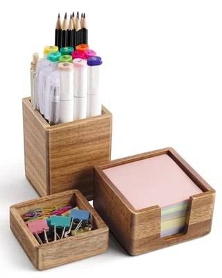 Acacia Wood Desk Organizer Set with Sticky Note Holder, Pencil Pen Cup & Clip... - Image 1 of 4