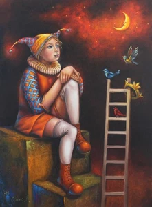 ORIGINAL OIL PAINTING JESTER | MOON ART BY UKRAINE ARTIST - Picture 1 of 15