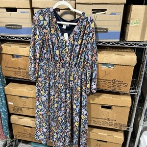 Cj Banks blue floral polyester elastic waist 3/4" sleeve dress size 1X. Box AZ - Imagen 1 de 9