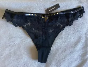 ANN SUMMERS Black Floral Lace & Mesh Thong Size 12 -Gold Studs & Buckle Top BNWT - Picture 1 of 8