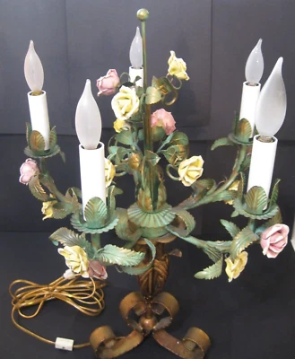 РЕДКАЯ СТАРИННАЯ ИТАЛЬЯНСКАЯ ПОСУДА НАСТОЛЬНАЯ ЛАМПА 5 РУК РОЗОВЫЙ И ЖЕЛТЫЙ ЦВЕТЫ ВИНТАЖНЫЙ - Изображение 1 из 4