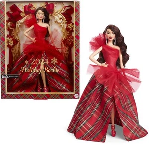 2024 Holiday Barbie Puppe dunkelbraune Haare rotes Kleid funkelnd kariert Rock Geschenk - Bild 1 von 6