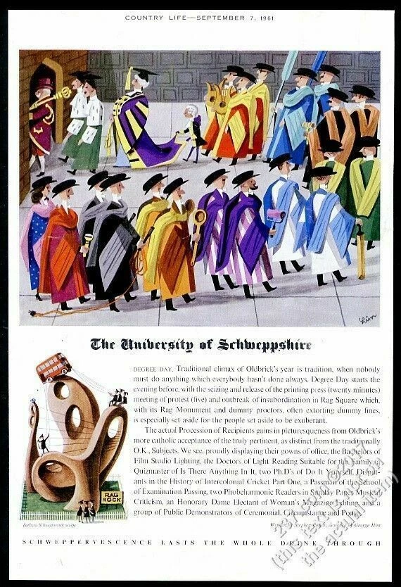 1961 Schweppes soda Unversity George Him color art vintage print ad - Image 1 of 1