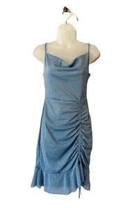 NEU! Kleid hellblau schimmernd Glitzer gerafft Wasserfallausschnitt Spaghettiträger LARGE - Bild 1 von 7
