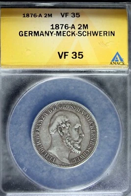 1876 - A ANACS VF35 GERMANY MECK SCHWERIN 2 MARK SILVER COIN! #B23646 - Image 1 of 2