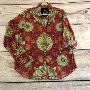 Cino Shirt groß rot Rollriegel Ärmel Knopf Baumwolle Bluse Boho künstlerisch Blumen Top - Bild 1 von 15