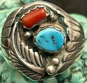 Herren Vintage Navajo Sterlingsilber Kingman Türkis Koralle Ring robust 19 g Größe 12 - Bild 1 von 13
