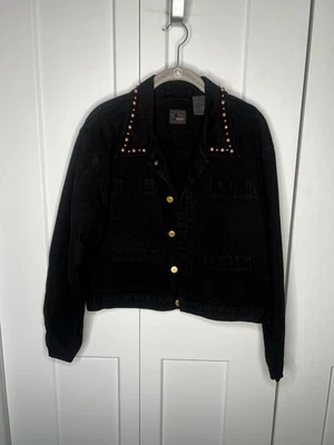Liz Claiborne Sport Rose Gold Pearl Neckline Black Denim Jacket Petite Medium - Image 1 of 4