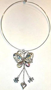 Pewter & Enamel Choker Necklace Butterfly Dragonfly Flower Heart Pendant Charms - Picture 1 of 8