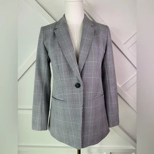 NWT Loft Glen Plaid One-Button Blazer Jacket Gray Black Check Pattern 0 Petite - Picture 1 of 10