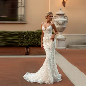 Vestidos de novia elegantes de sirena con cuello corazón sin mangas para mujer - Imagen 1 de 7