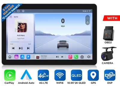 10.95 英寸单 DIN Android 13 车载立体声 QLED 屏幕 GPS 4G LTE 无线 CarPlay — 第 1/4 张图片