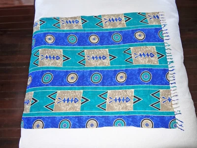 Rayon Batik Sarong Beaded Fringe Pareo Cover Up Wrap Blue Green NWOT Geometric - Image 1 of 4