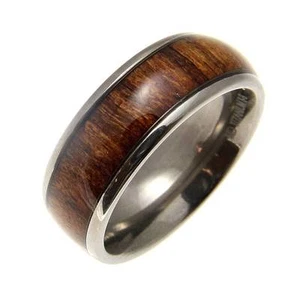 GENUINE INLAY HAWAIIAN KOA WOOD BAND RING TITANIUM COMFORT FIT DOME STYLE 8MM - Picture 1 of 4