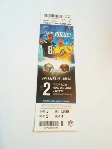 2013 San Diego Chargers San Francisco 49ers NFL Football Full Ticket Stub Cover