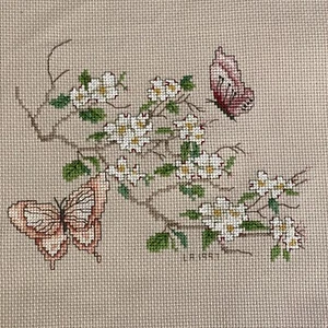 Completed Vintage Cross Stitch Sample Butterflies Blooming Branch Nature 1997 - Picture 1 of 6