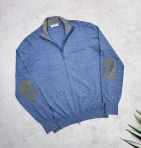 Gran Sasso Super Tasmania Cashmere Sweater Full Zip & Leather Elbow size 50 / M - Picture 1 of 22