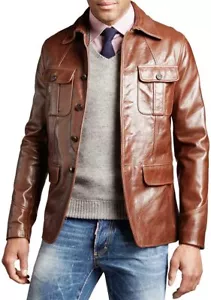 Leather Blazer Mens Coat Men Vintage Soft Lambskin Fit Slim Two Button Tan 29 - Picture 1 of 4