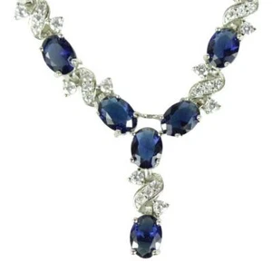 WHITE GOLD FINISH Created Diamond Blue Sapphire "Love and Kisses" Necklace - Picture 1 of 6