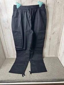 Womens Elastic Waist Cargo Black Pants Large w/ Drawstring Hem Side Pockets - Picture 1 of 7