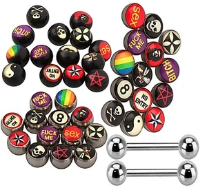Logo Tongue Bar Piercing Short Long Logo 10mm, 12mm, 14mm, 16mm, 18mm, 20mm - Picture 1 of 4