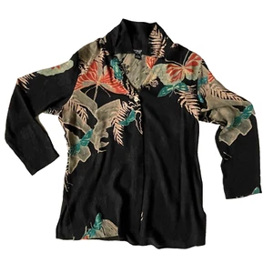 Blusa de seda con estampado de mariposas L Citron para mujer con botones delanteros negra con cuello en V túnica artística - Imagen 1 de 5