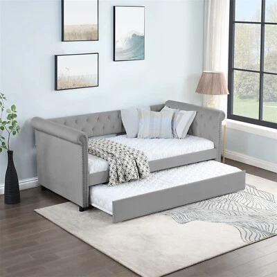 Twin Size Daybed Upholstered Bed Frame Sofa Bed with Trundle Bed Grey - Image 1 of 4