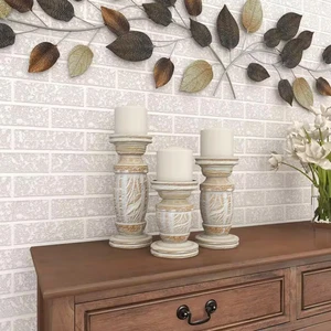 White Wood Handmade Candle Holder with Carved Designs (Set of 3) - Picture 1 of 12
