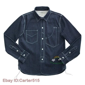 Amekaji Western Shirts Men's Vintage Indigo Denim Stripe Shirt Casual Top - Picture 1 of 20