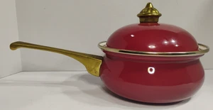 VTG Porcelain Enamel Red And White covered pot Brass Handle - Picture 1 of 20
