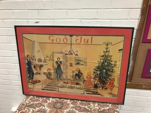 ANTIGUA ESCENA FAMILIAR NAVIDAD “GOD JUL” DE COLECCIÓN EN PAPEL DE SEDA CREPÉ MARCO GRANDE - Imagen 1 de 12