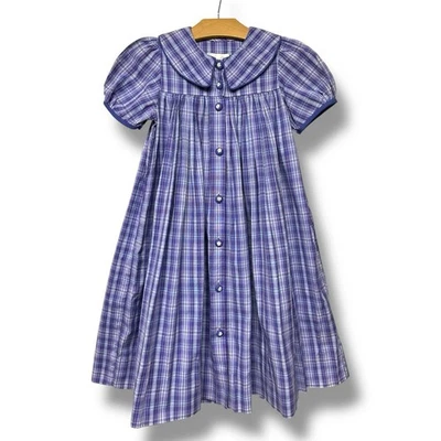 Vintage STRASBURG Dress Long Plaid Purple Blue Floral Buttons Cotton Size 5Y - Image 1 of 4