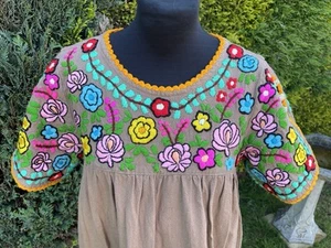 Vintage Mexican Coffee Colour Cotton Embroidered Tunic Mini Dress Boho UK8-12 - Picture 1 of 12