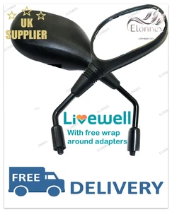 LIVEWELL MOBILITY SCOOTER MIRRORS PAIR WITH 32mm WRAP AROUND ADAPTERS - Picture 1 of 6