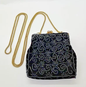Vintage La Regale Black Beaded Velvet Purse Evening Bag Gold-tone Metal EUC - Picture 1 of 11