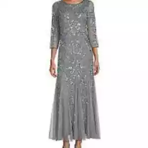 PISARRO NIGHTS BEADED ILLUSION FIT AND FLARE GOWN COLOR -STEEL SZ 12 NWT $258 - Picture 1 of 4