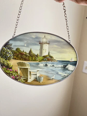 Alan Giana Oval Window Panel Stained Glass Art Lighthouse and Beach Scene Cover