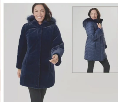 Dennis Basso Coat NAVY Reversible Faux Fur to Water Resistant XSMALL A460864 - Image 1 of 4