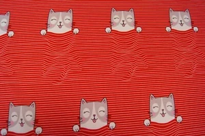 Megan Blue Jersey Fabric 150Cm X 50Cm Digital Print Cat Stripes Red - Picture 1 of 1