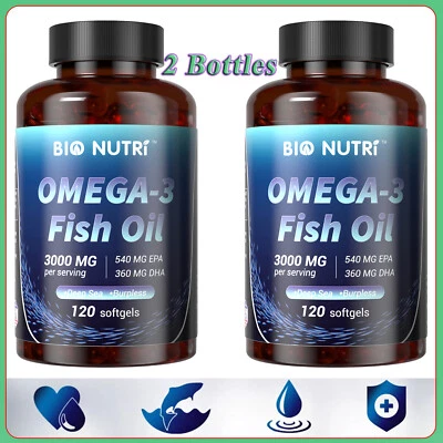 2件装欧米茄3鱼油3000毫克,EPA和DHA欧米茄3脂肪酸支持心脏/大脑 — 第 1/4 张图片