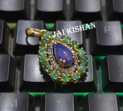 Echter Tansanit Smaragd Edelstein Pave Diamant 925 Sterlingsilber Damen Anhänger - Bild 1 von 4