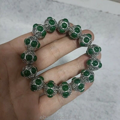 Exquisita Pulsera Elasticidad China Tíbet Incrustación Plata Verde Jade Hecha a Mano Foto 1 de 4