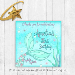 MERMAID TAIL PERSONALISED BIRTHDAY PARTY STICKERS DIGITAL YOU PRINT - Picture 1 of 6