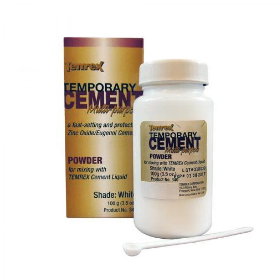 Polvo dental de cemento temporal Temrex 340-WHITE óxido de zinc eugenol blanco 100 gm Foto 1 de 1