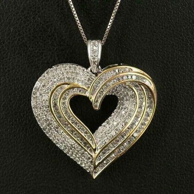Двухцветный позолоченный круглый кулон в виде сердца с имитацией бриллианта 3 карата 14 карат с цепочкой - Изображение 1 из 4