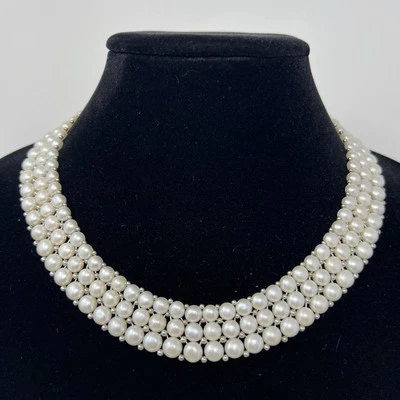 Collar de perlas naturales de agua dulce triple filas de botones perlas planas de lujo Foto 1 de 4