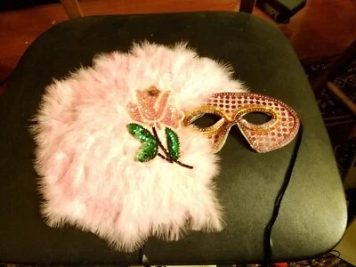 Vintage Pink Real Feather Mardi Gras Mask w/ Flower Design 14.5" X 12" - Image 1 of 2