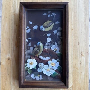 VTG Oil Painting Birds Nest Eggs Flowers Doulbe Pane Glass Wood Frame 13" x 7" - Picture 1 of 10